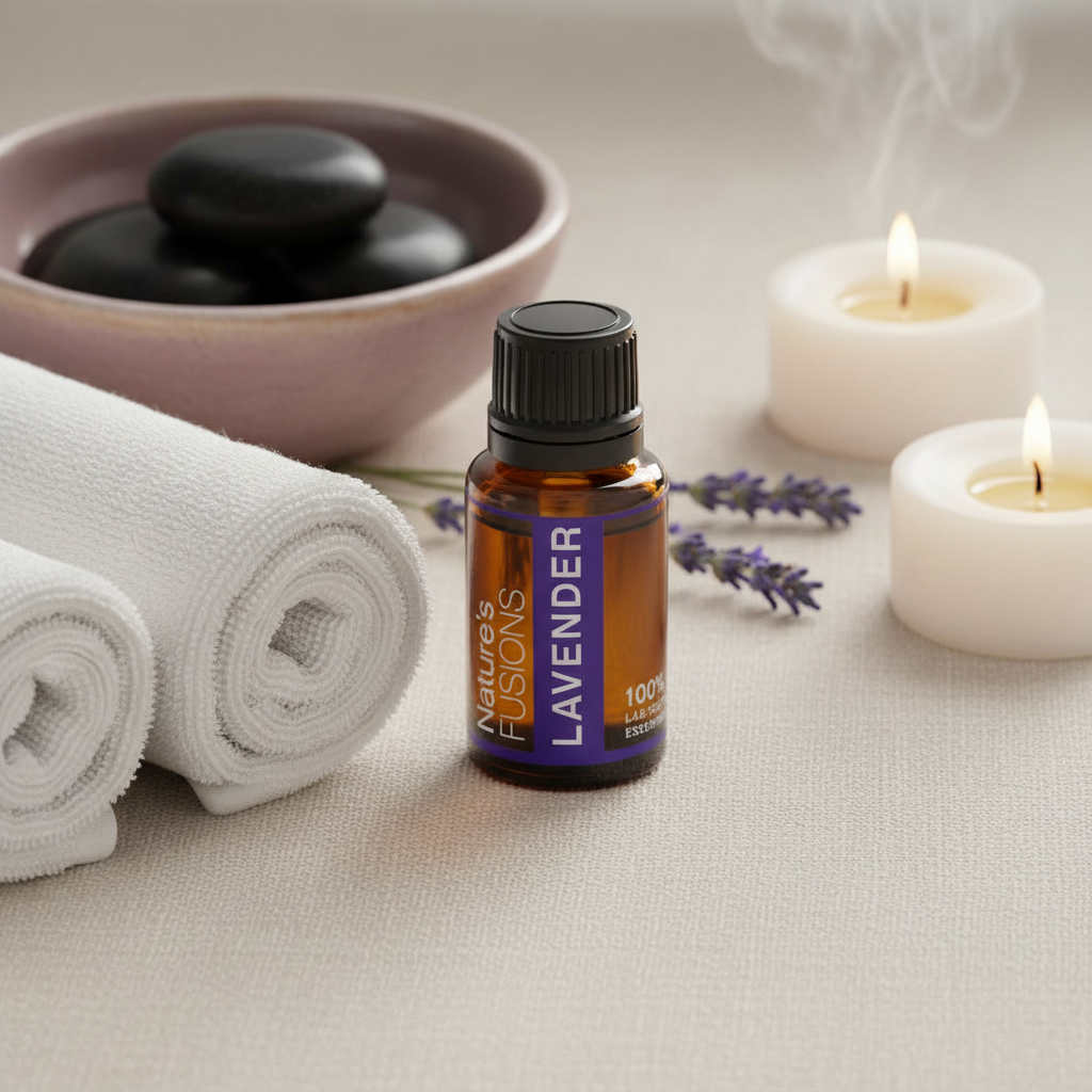 A 15ml bottle of Lavender essential oil displayed beside rolled white towels, smooth black stones, lit candles, and fresh lavender sprigs in a spa setting. — for Carpe Diem Dream