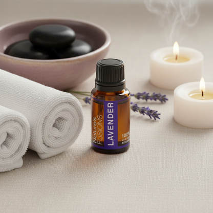A 15ml bottle of Lavender essential oil displayed beside rolled white towels, smooth black stones, lit candles, and fresh lavender sprigs in a spa setting. — for Carpe Diem Dream
