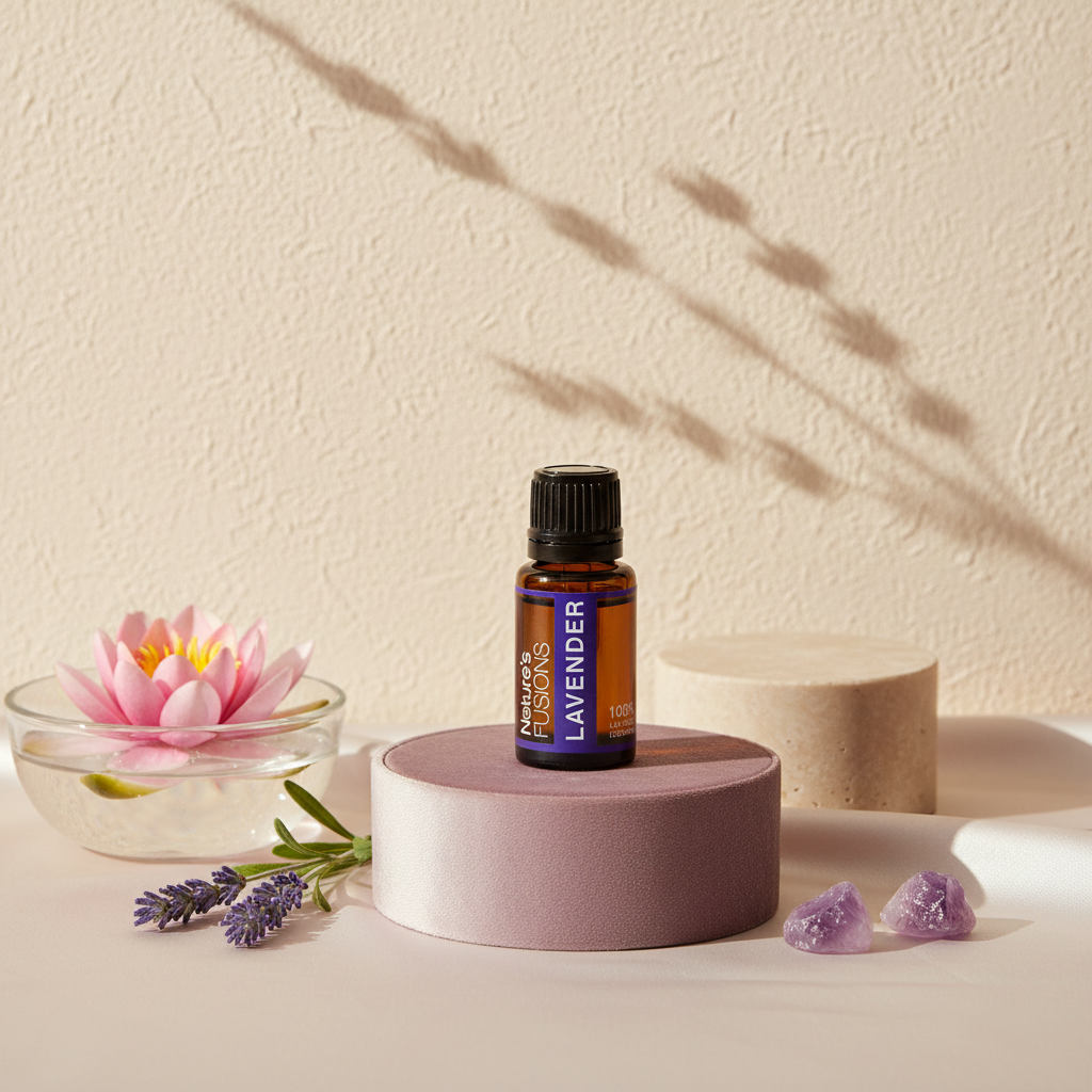 A 15ml bottle of Lavender essential oil displayed on a mauve pedestal beside fresh lavender sprigs, a pink lotus flower in water, and small purple crystals against a textured neutral backdrop. — for Carpe Diem Dream