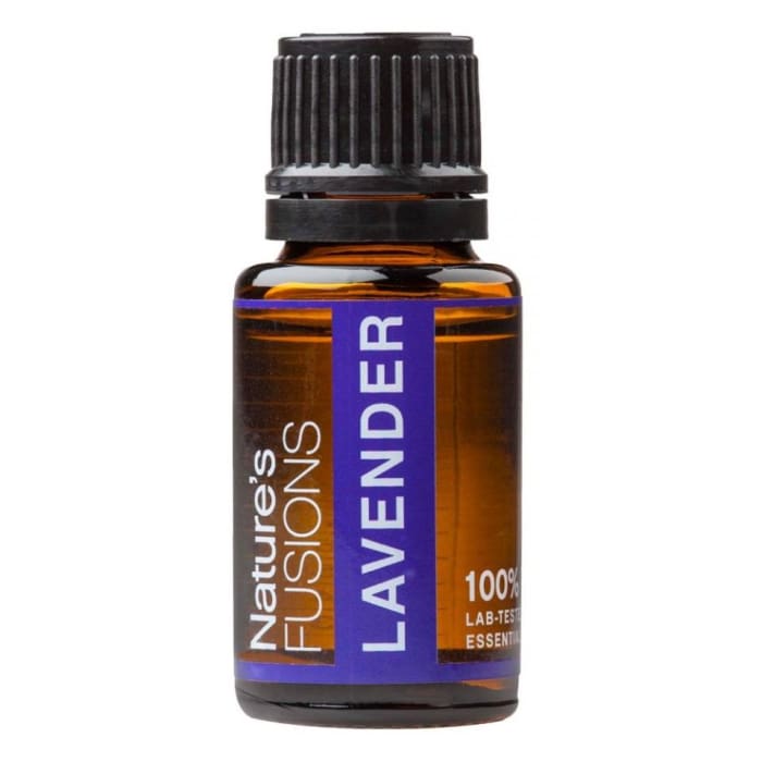 A 15ml amber glass bottle of Lavender essential oil with a black cap and purple label displayed on a plain white background. — for Carpe Diem Dream