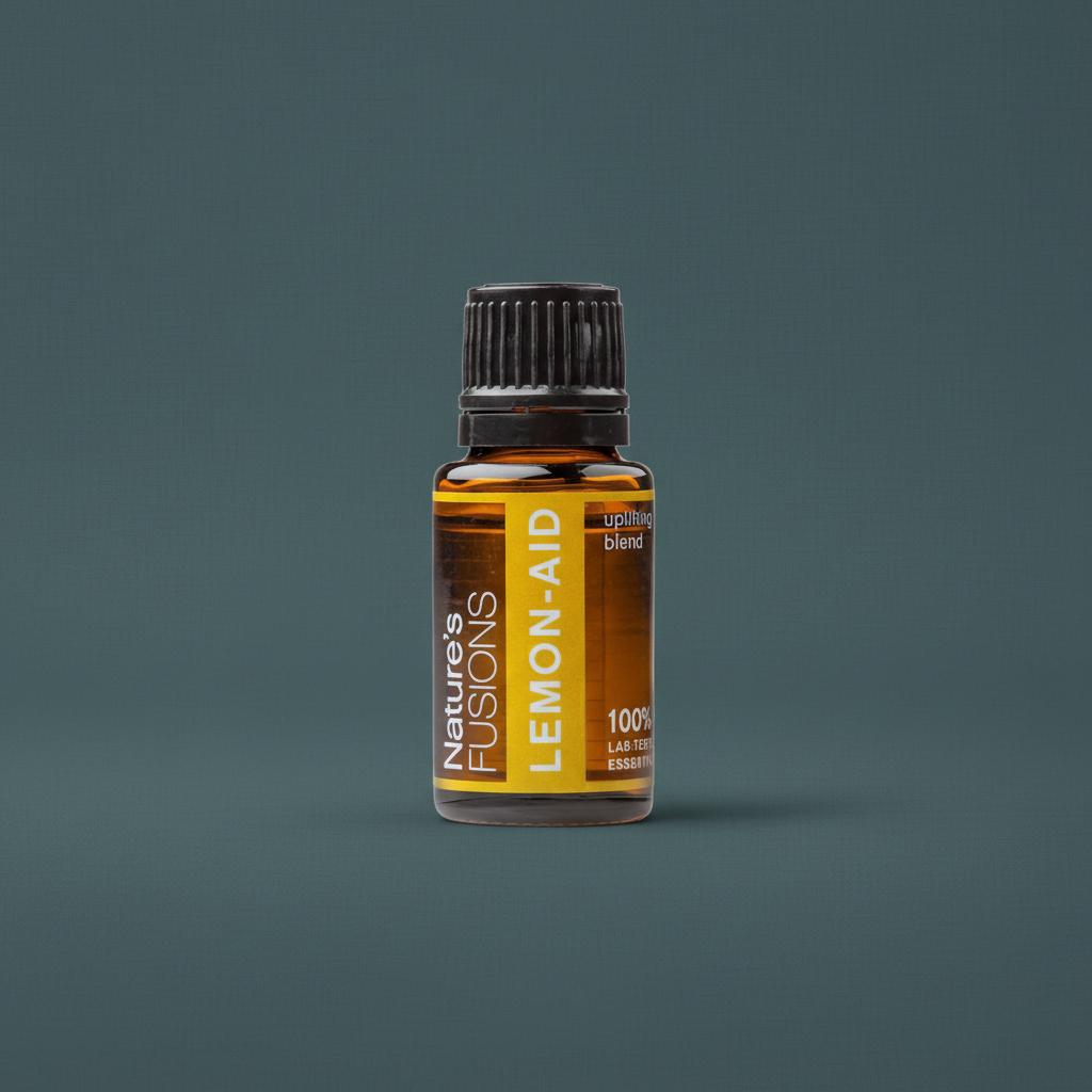 A 15ml amber glass bottle of Lemon-Aid uplifting citrus essential oil with a black cap and yellow label displayed against a muted teal background — for Carpe Diem Dream