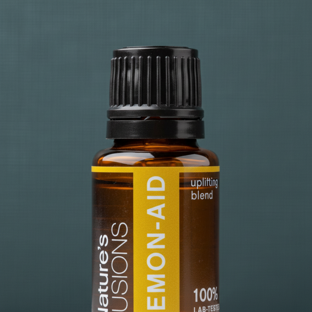 Close-up detail of a 15ml amber glass bottle of Lemon-Aid uplifting citrus essential oil showing the black cap and yellow label against a muted teal background — for Carpe Diem Dream