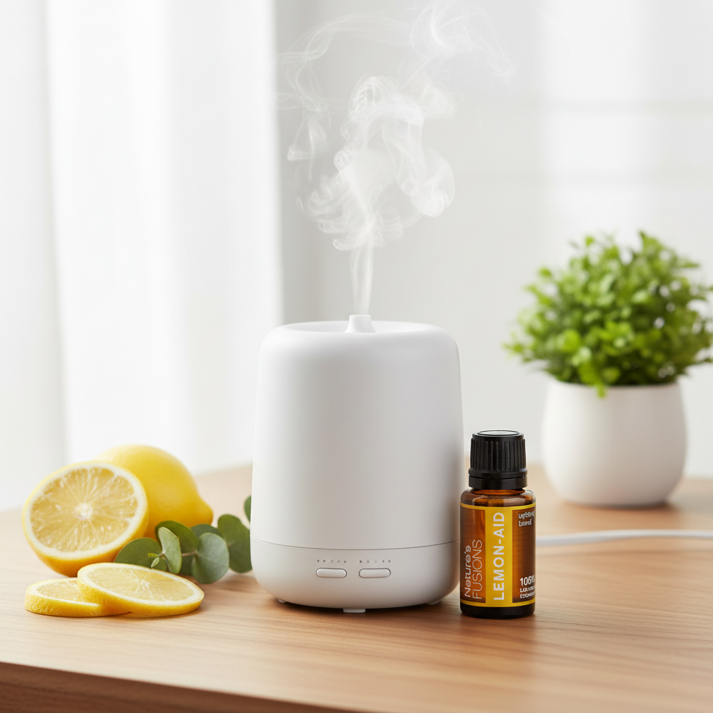 A 15ml bottle of Lemon-Aid uplifting citrus essential oil displayed beside a white diffuser releasing soft steam with fresh lemon slices on a wooden surface. — for Carpe Diem Dream