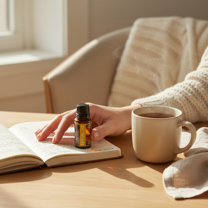 A 15ml bottle of Lemon-Aid uplifting citrus essential oil resting on an open journal beside a warm mug of tea in soft natural morning light. — for Carpe Diem Dream