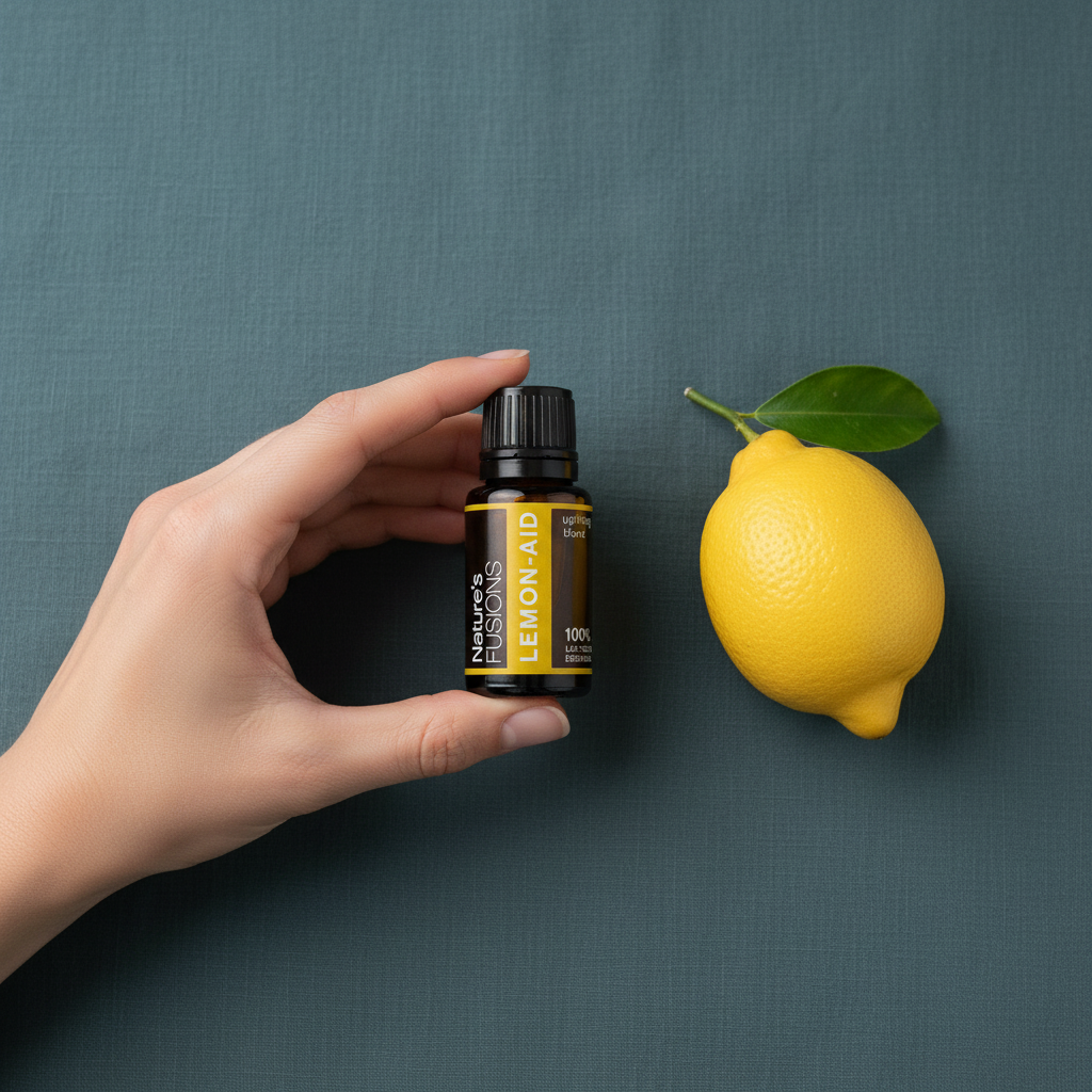 A hand holding a 15ml bottle of Lemon-Aid uplifting citrus essential oil displayed beside a whole fresh lemon on a muted teal background. — for Carpe Diem Dream