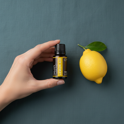 A hand holding a 15ml bottle of Lemon-Aid uplifting citrus essential oil displayed beside a whole fresh lemon on a muted teal background. — for Carpe Diem Dream
