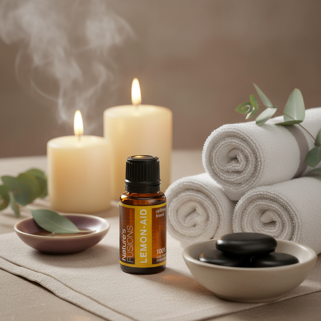 A 15ml bottle of Lemon-Aid uplifting citrus essential oil displayed in a spa setting with rolled towels, lit candles, smooth stones, and soft steam in the background. — for Carpe Diem Dream