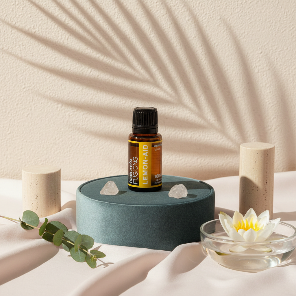 A 15ml bottle of Lemon-Aid uplifting citrus essential oil displayed on a teal pedestal with small crystals, a lotus candle, and eucalyptus leaves against a textured neutral backdrop. — for Carpe Diem Dream