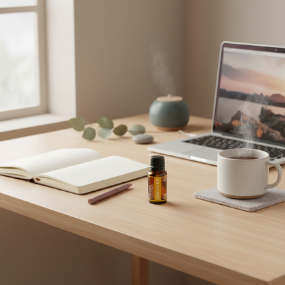 A 15ml bottle of Lemon-Aid uplifting citrus essential oil placed on a wooden desk beside a laptop, open notebook, and mug in soft natural light. — for Carpe Diem Dream