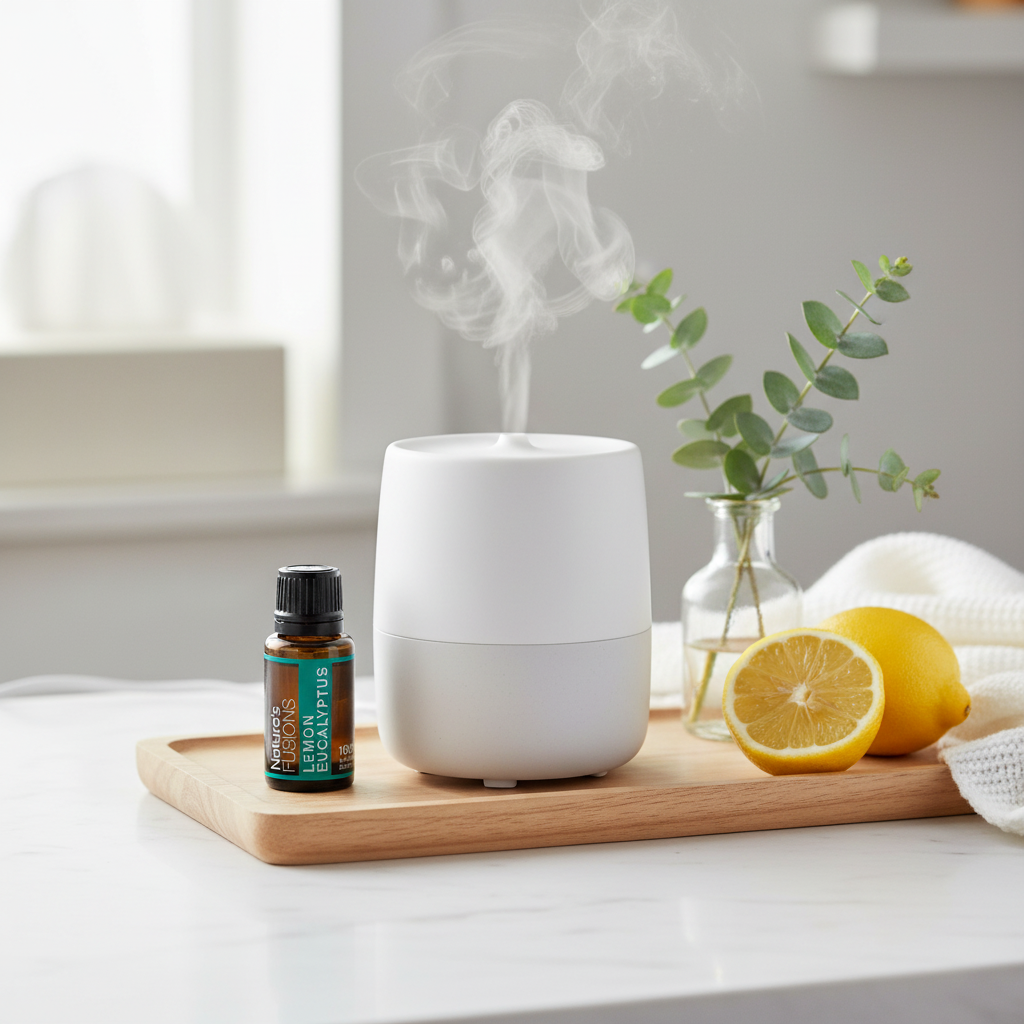 A 15ml bottle of Lemon Eucalyptus essential oil displayed beside a white diffuser releasing steam with a sliced lemon and eucalyptus stems on a wooden tray. — for Carpe Diem Dream