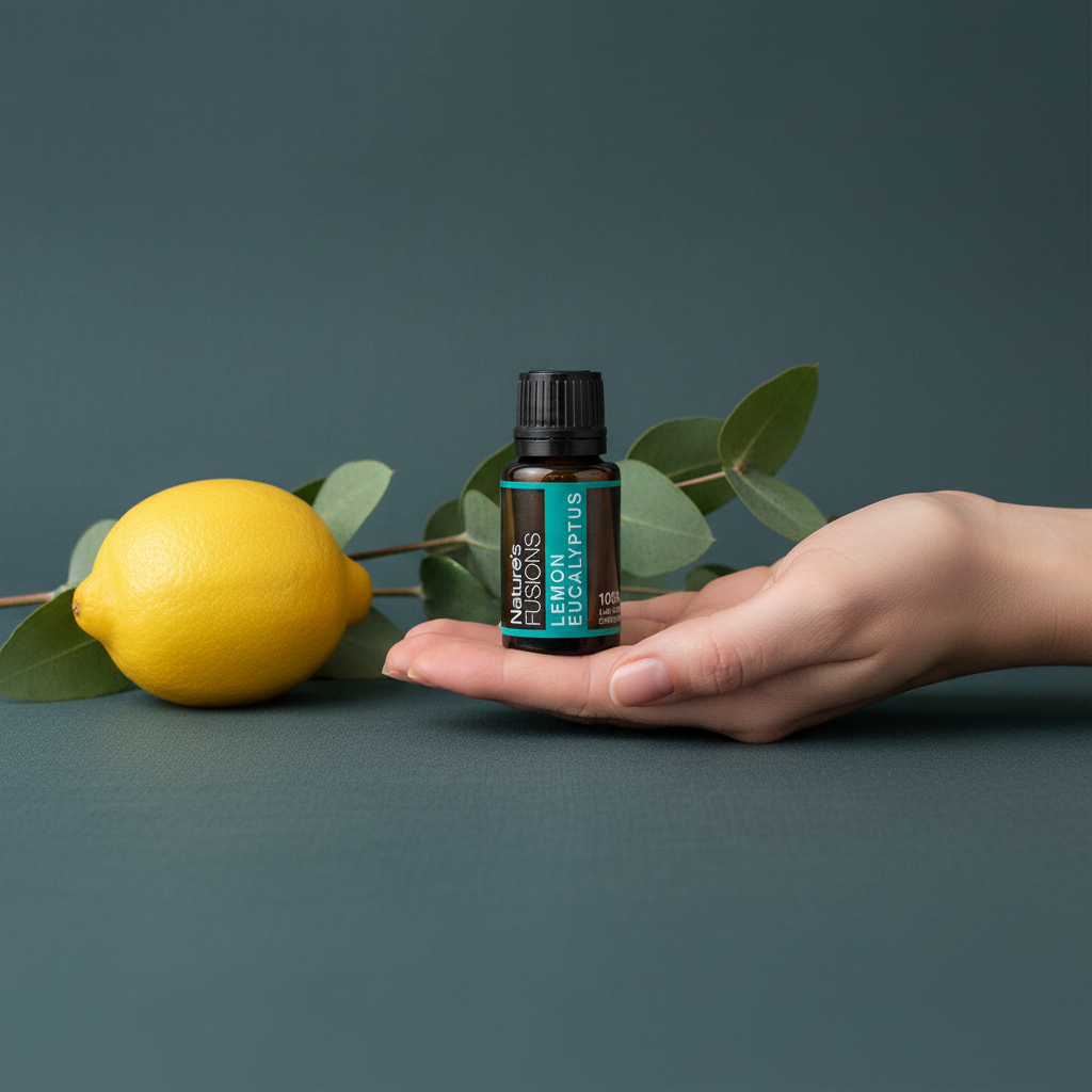 A hand holding a 15ml bottle of Lemon Eucalyptus essential oil displayed beside a whole lemon and fresh eucalyptus leaves on a muted teal background. — for Carpe Diem Dream