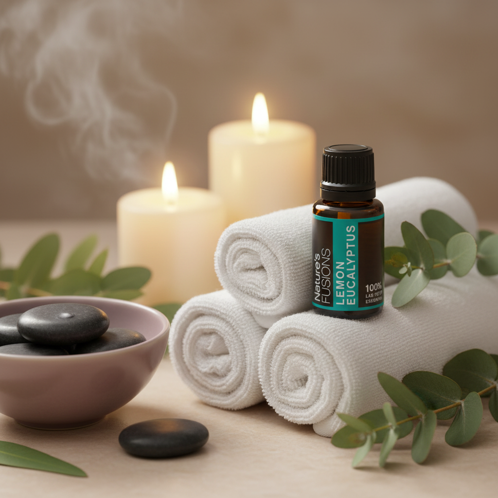 A 15ml bottle of Lemon Eucalyptus essential oil displayed on rolled white towels beside lit candles, smooth stones, and fresh eucalyptus leaves in a spa setting. — for Carpe Diem Dream