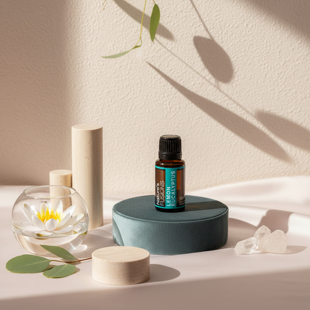 A 15ml bottle of Lemon Eucalyptus essential oil displayed on a teal pedestal with eucalyptus leaves, clear crystals, and a lotus candle against a textured neutral backdrop. — for Carpe Diem Dream