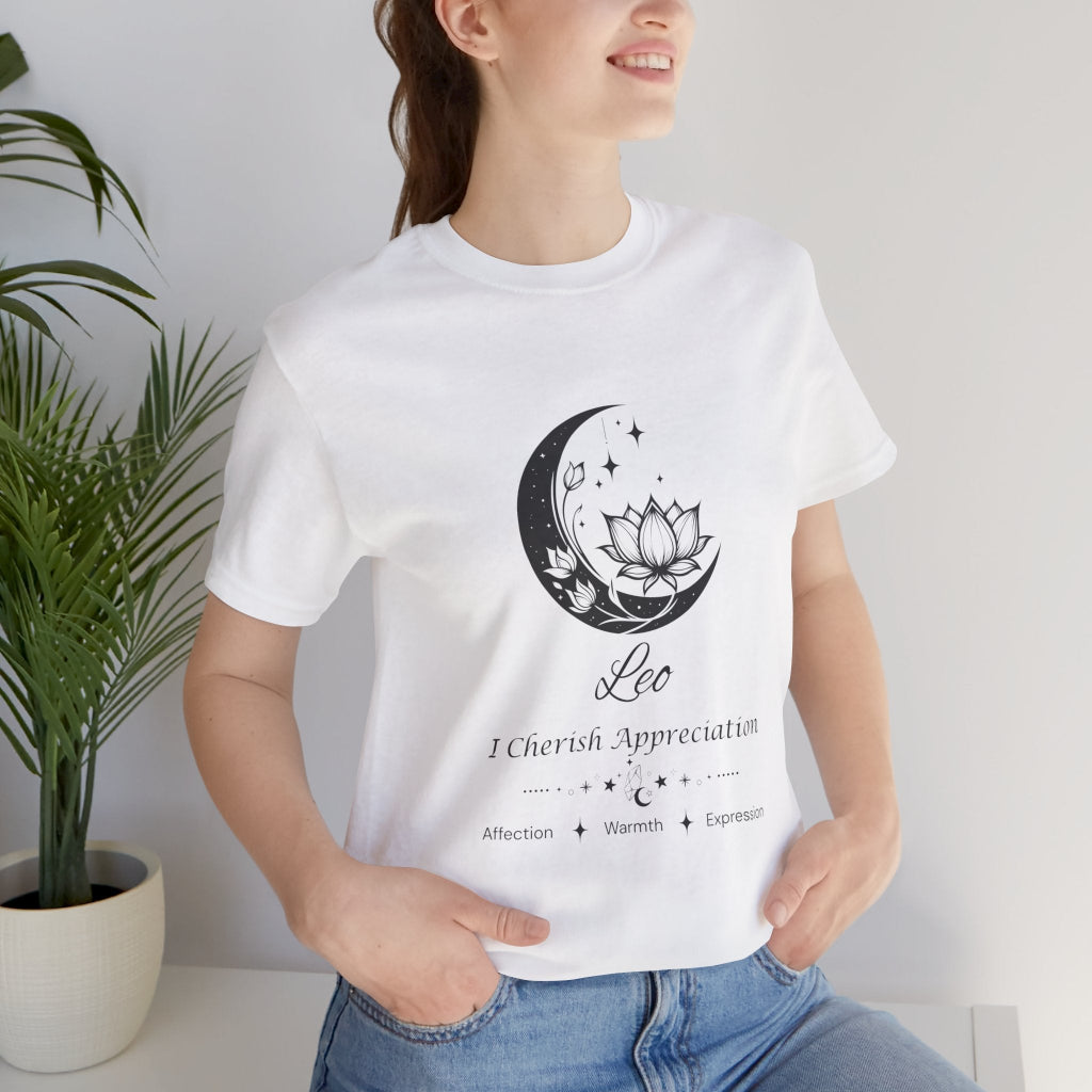 Model wearing a white Leo Moon I Cherish Appreciation zodiac T-shirt with black moon-inspired lotus, floral, and celestial artwork. — for Carpe Diem Dream