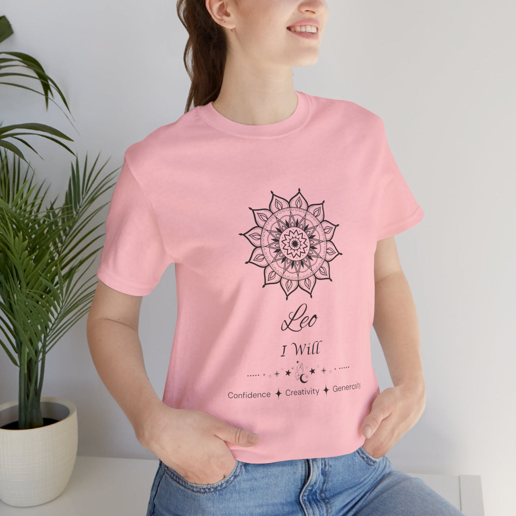 Leo Sun I Will zodiac T-shirt in pink with black sun-inspired mandala artwork, shown worn by a model in a supplier mockup. — for Carpe Diem Dream