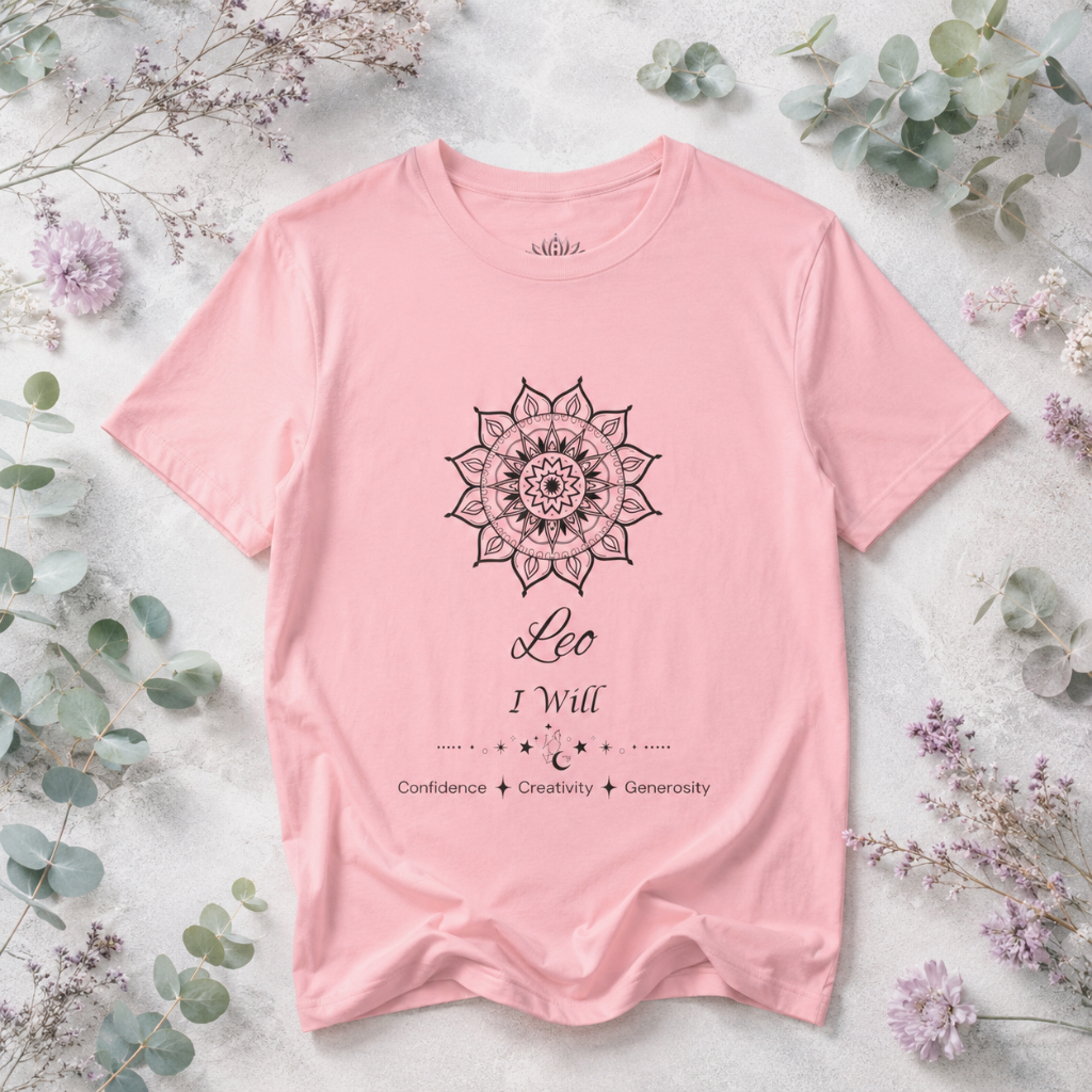 Leo Sun I Will zodiac T-shirt in pink with black sun-inspired mandala artwork and Confidence, Creativity, Generosity text, styled in a cool-toned studio botanical flat lay. — for Carpe Diem Dream