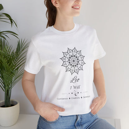 Leo Sun I Will zodiac T-shirt in white with black sun-inspired mandala artwork, shown worn by a model in a supplier mockup. — for Carpe Diem Dream
