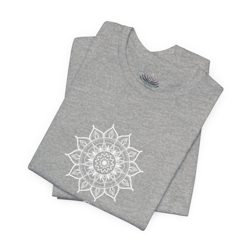 Leo Sun I Will zodiac t-shirt in athletic heather with white sun-inspired mandala artwork and Confidence, Creativity, Generosity text, shown folded in a supplier mockup. — for Carpe Diem Dream