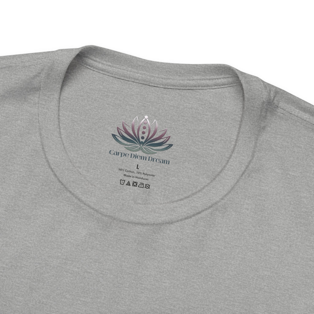 Leo Sun I Will zodiac t-shirt in athletic heather with close-up view of the custom Carpe Diem Dream inner neck label in a supplier mockup. — for Carpe Diem Dream