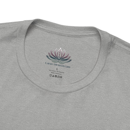 Leo Sun I Will zodiac t-shirt in athletic heather with close-up view of the custom Carpe Diem Dream inner neck label in a supplier mockup. — for Carpe Diem Dream
