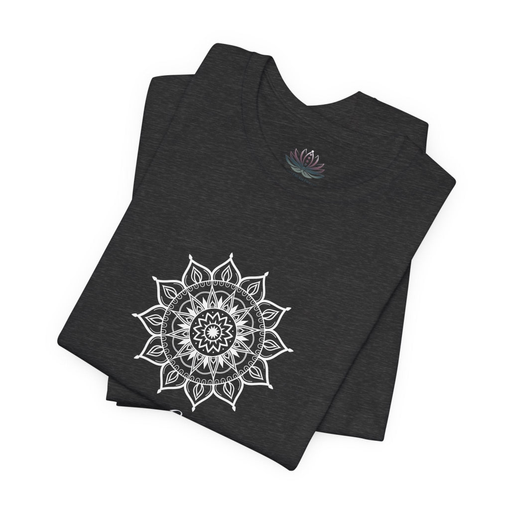 Leo Sun I Will zodiac T-shirt in dark gray heather with white sun-inspired mandala artwork, shown folded with Carpe Diem Dream neck label in a supplier mockup. — for Carpe Diem Dream