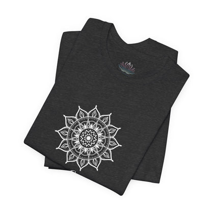 Leo Sun I Will zodiac T-shirt in dark gray heather with white sun-inspired mandala artwork, shown folded with Carpe Diem Dream neck label in a supplier mockup. — for Carpe Diem Dream