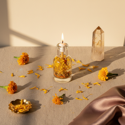 A Leo zodiac oil candle with yellow botanicals in a clear glass vessel is arranged with marigold flowers, an amber crystal point, and a brass dish on a neutral surface, creating a ritual altar setting. — for Carpe Diem Dream