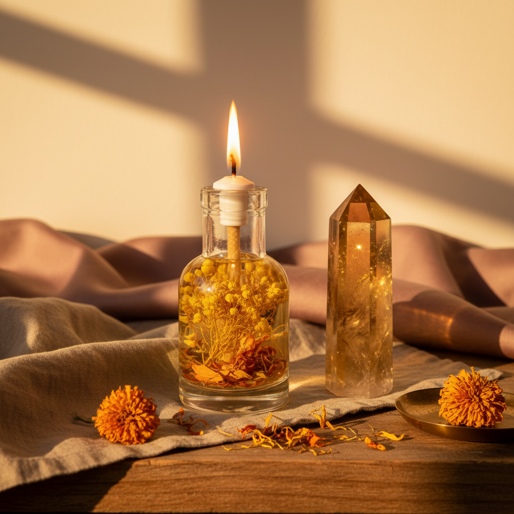 A Leo zodiac oil candle with yellow botanicals in a clear glass vessel is styled with marigold flowers, an amber crystal point, and draped fabric in warm sunlight, creating a rich and expressive ritual scene. — for Carpe Diem Dream