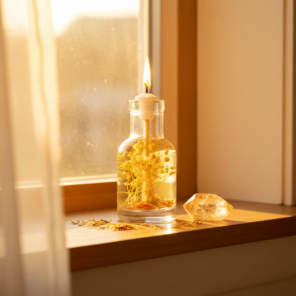A Leo zodiac oil candle with yellow botanicals in a clear glass vessel sits on a sunlit windowsill beside an amber crystal, showing placement in a natural home setting. — for Carpe Diem Dream