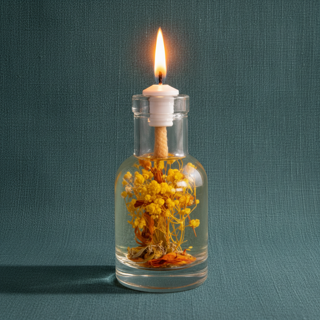 A Leo zodiac oil candle in a clear glass vessel with yellow botanicals burns with a steady flame against a textured teal background. — for Carpe Diem Dream