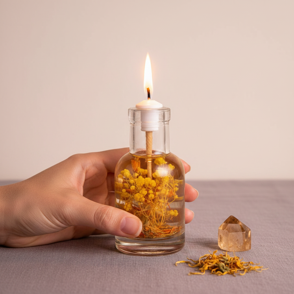 A hand holds a Leo zodiac oil candle with yellow botanicals in a clear glass vessel beside a small amber crystal on a neutral surface, showing size and scale. — for Carpe Diem Dream