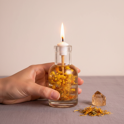A hand holds a Leo zodiac oil candle with yellow botanicals in a clear glass vessel beside a small amber crystal on a neutral surface, showing size and scale. — for Carpe Diem Dream