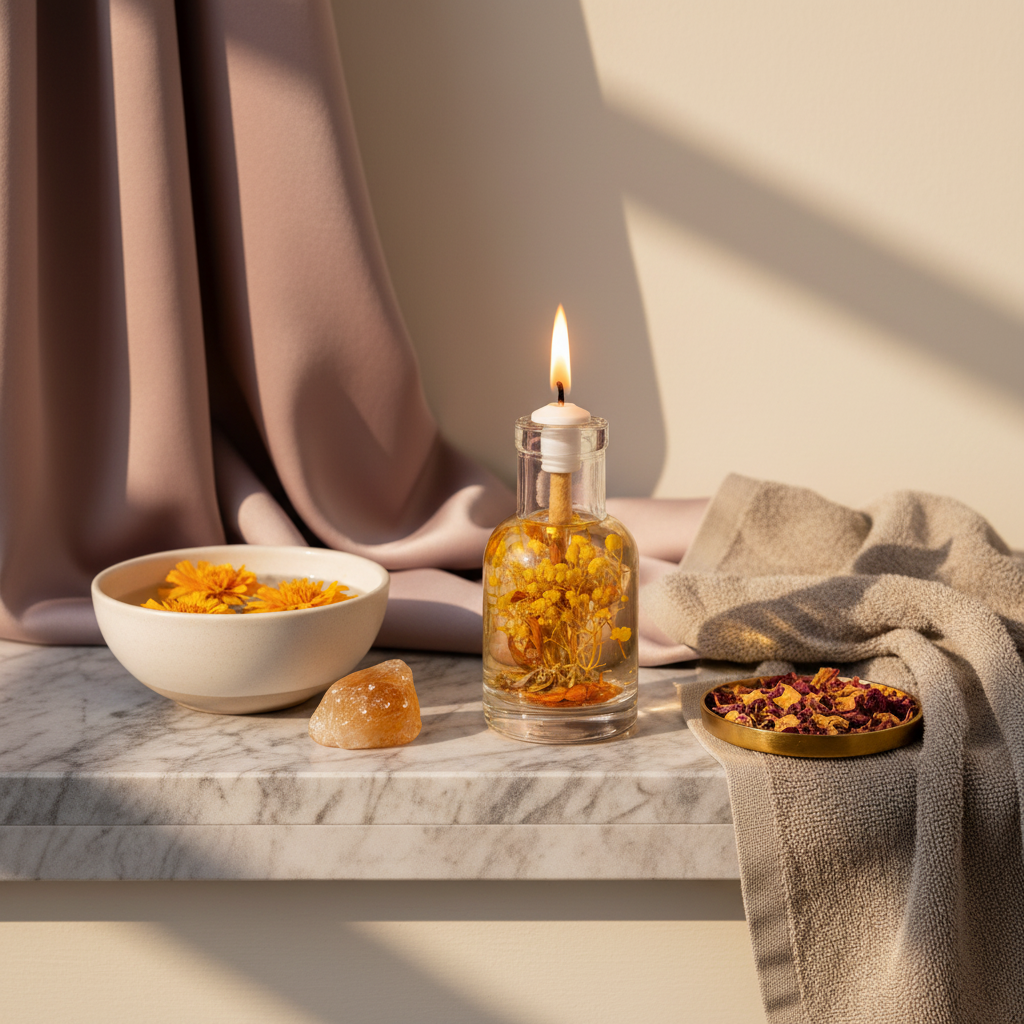 A Leo zodiac oil candle with yellow botanicals in a clear glass vessel is styled on a marble surface with a ceramic bowl of petals, folded textiles, and warm natural light creating a calm spa-like setting. — for Carpe Diem Dream