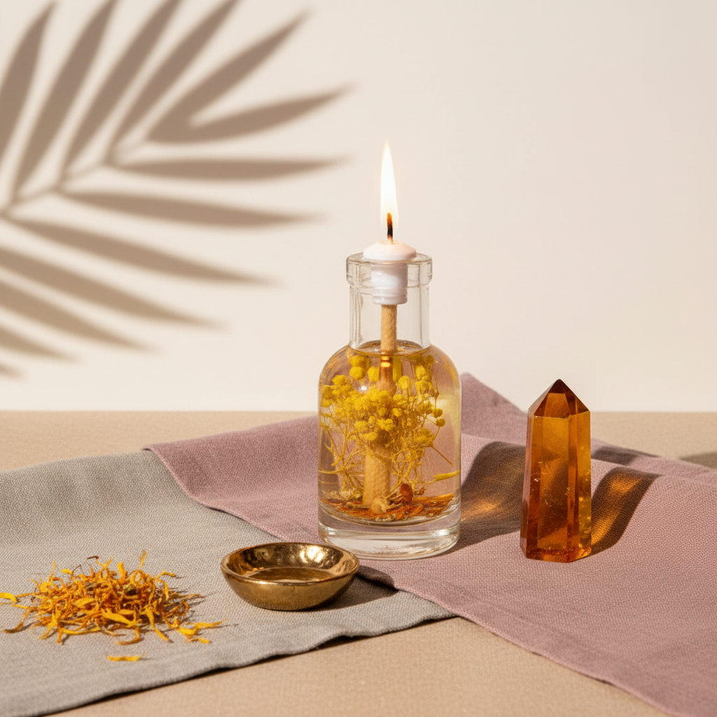 A Leo zodiac oil candle with yellow botanicals in a clear glass vessel is styled on layered fabric beside an amber crystal point and brass dish with soft botanical shadows on a neutral wall. — for Carpe Diem Dream