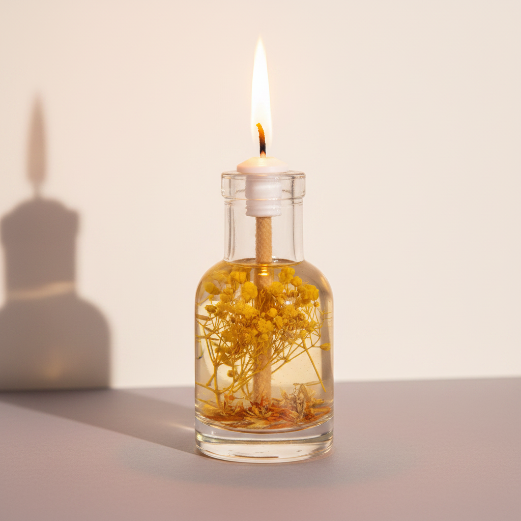 A Leo zodiac oil candle with yellow botanicals in a clear glass vessel burns with a soft flame against a neutral background with a gentle shadow. — for Carpe Diem Dream