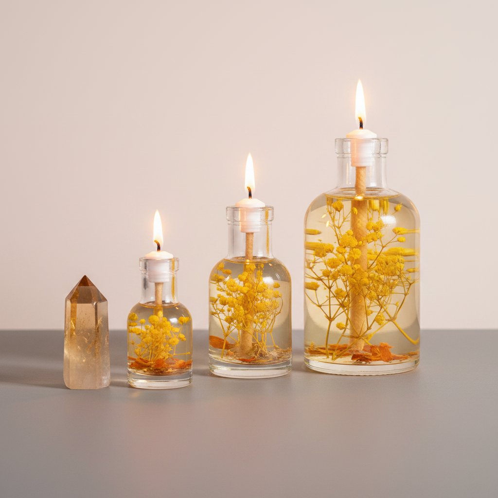 Three Leo zodiac oil candles in clear glass vessels with yellow botanicals are displayed in different sizes beside an amber crystal point, showing size variation. — for Carpe Diem Dream