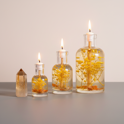 Three Leo zodiac oil candles in clear glass vessels with yellow botanicals are displayed in different sizes beside an amber crystal point, showing size variation. — for Carpe Diem Dream