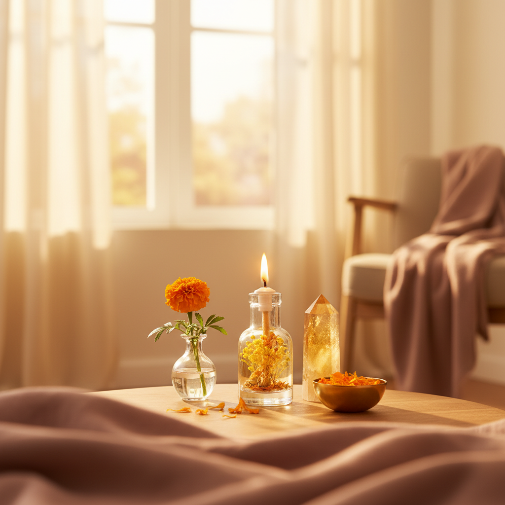 A Leo zodiac oil candle with yellow botanicals in a clear glass vessel is styled on a wooden table with a small flower vase, amber crystal, and brass dish near a sunlit window, creating a warm and inviting home atmosphere. — for Carpe Diem Dream