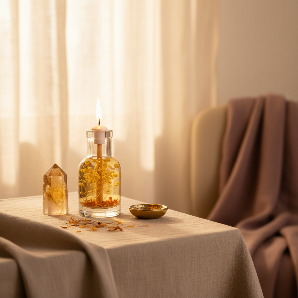 A Leo zodiac oil candle with yellow botanicals in a clear glass vessel is styled on a draped table beside an amber crystal and brass dish near a softly lit window, creating a warm and reflective home setting. — for Carpe Diem Dream