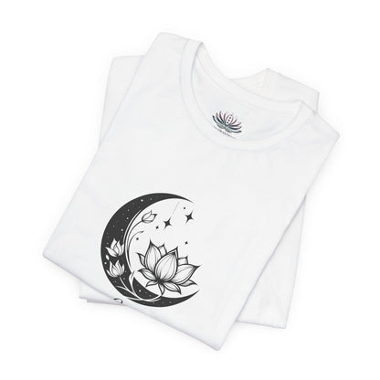 Libra Moon I Cherish Harmony zodiac T-shirt in white with black moon-inspired lotus, floral, and celestial artwork, shown folded in a supplier mockup. — for Carpe Diem Dream
