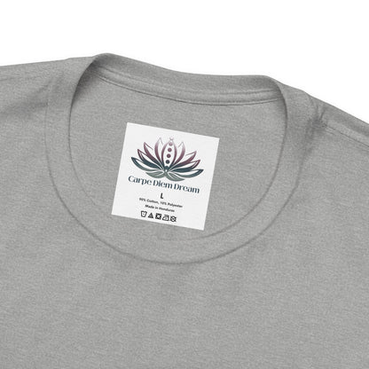 Close-up of the custom Carpe Diem Dream inner neck label on the Libra Moon I Cherish Harmony Bella+Canvas zodiac T-shirt. — for Carpe Diem Dream