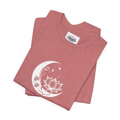 Libra Moon I Cherish Harmony zodiac T-shirt in mauve with white moon-inspired lotus, floral, and celestial artwork, shown folded in a supplier mockup. — for Carpe Diem Dream