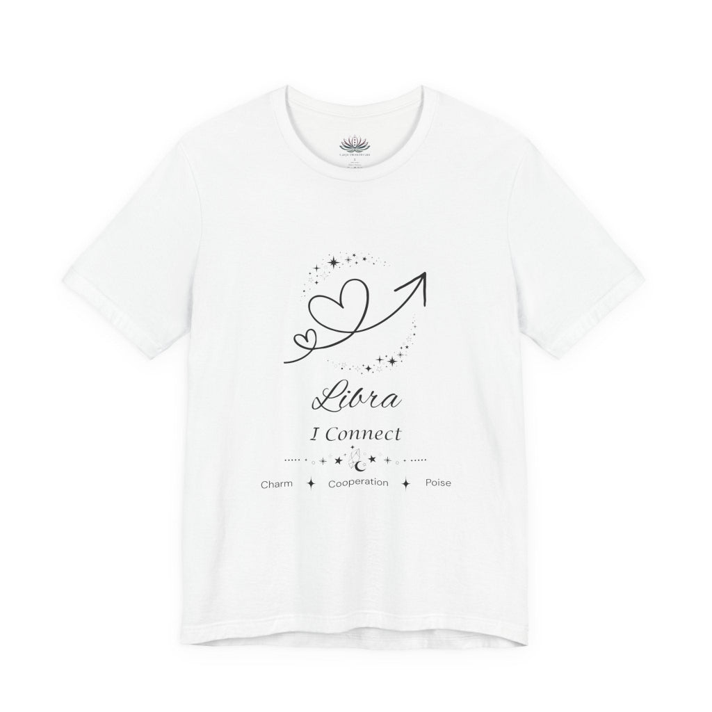 White Libra Rising I Connect zodiac T-shirt with black celestial heart and arrow artwork, shown in a flat supplier mockup. — for Carpe Diem Dream