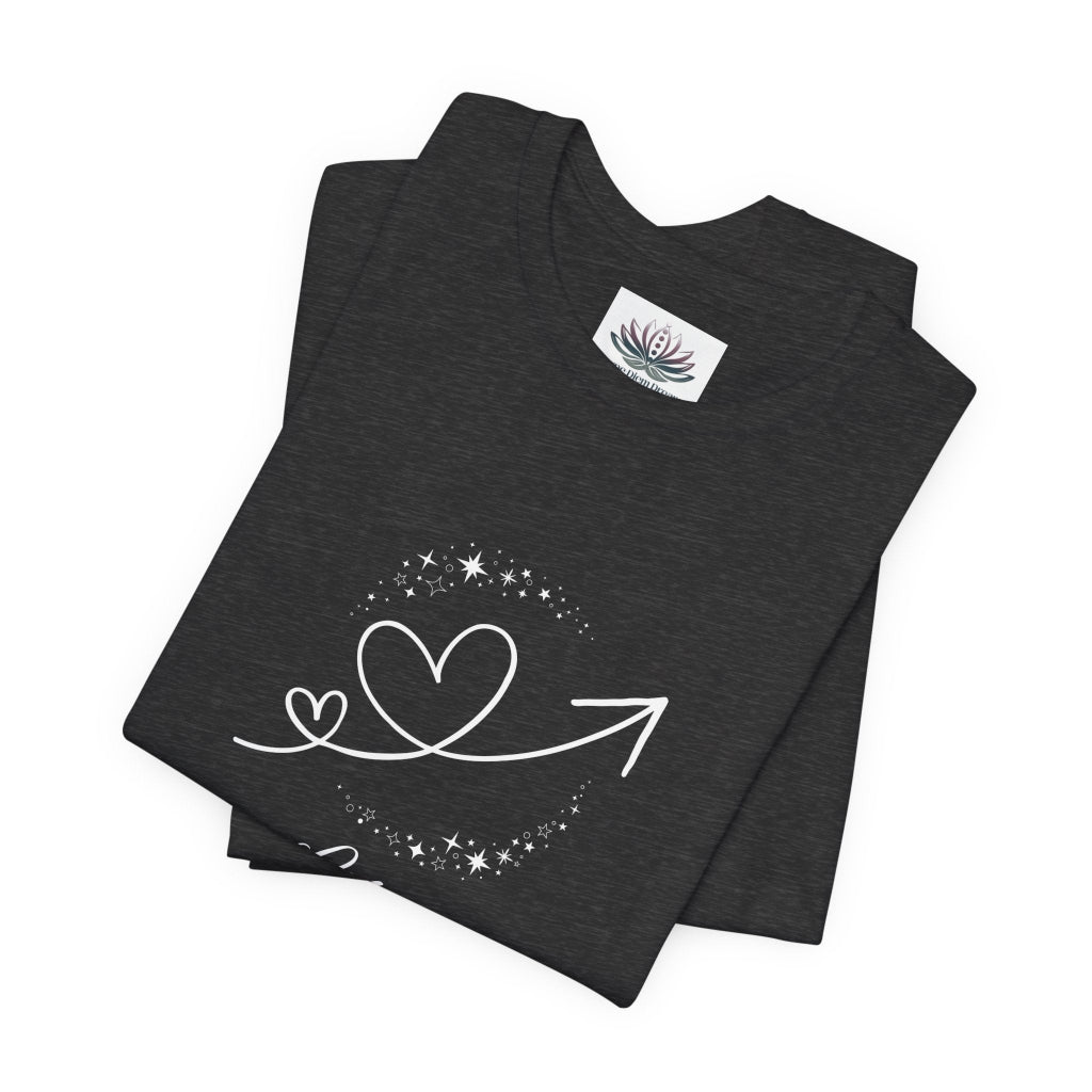 Libra Rising I Connect zodiac T-shirt in Dark Grey Heather with white celestial heart and arrow artwork, shown folded in a supplier mockup. — for Carpe Diem Dream