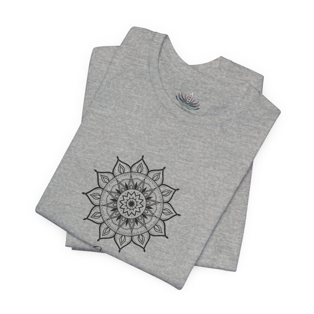 Libra Sun I Balance zodiac T-shirt in athletic heather with black sun-inspired mandala artwork, shown folded with Carpe Diem Dream neck label in a supplier mockup. — for Carpe Diem Dream