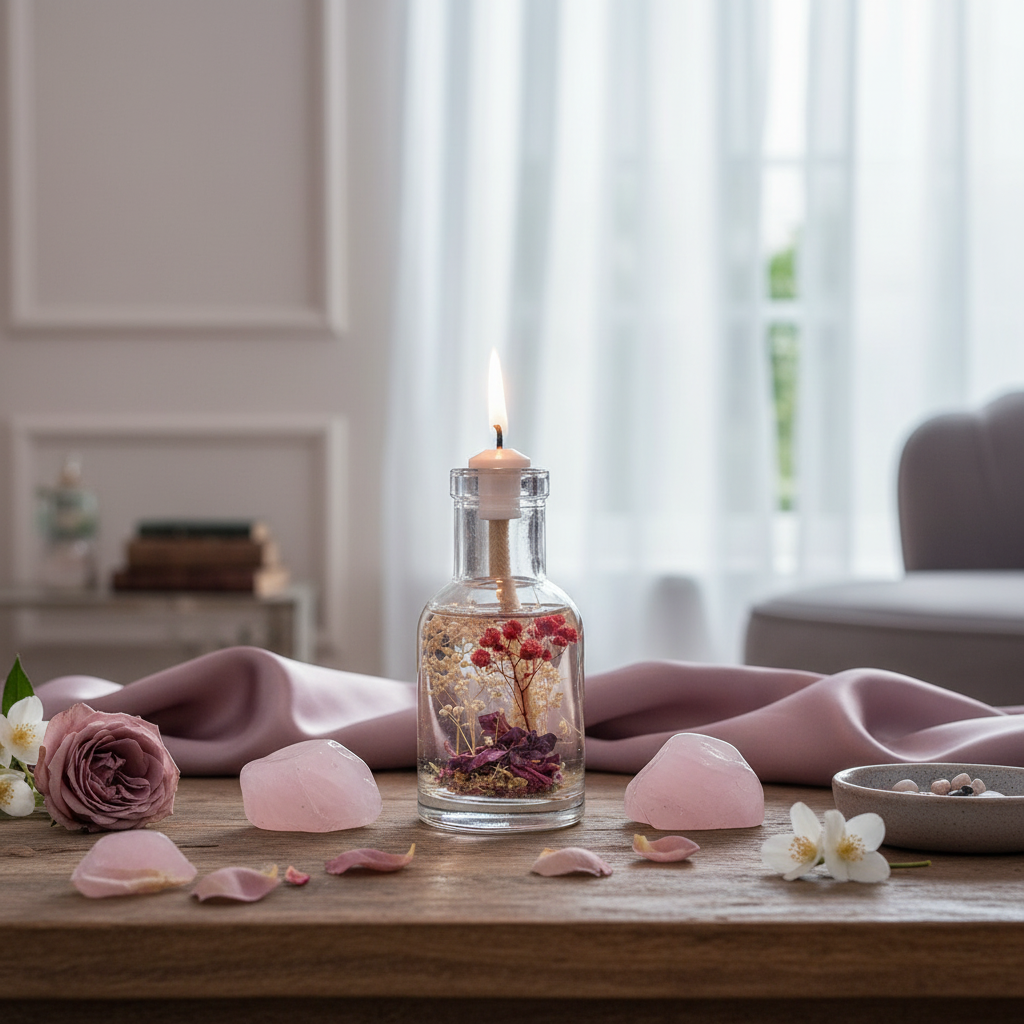 A Libra zodiac oil candle with red and white botanicals in a clear glass vessel is styled with rose quartz, scattered petals, soft draped fabric, and a ceramic dish on a wooden surface in gentle window light. — for Carpe Diem Dream
