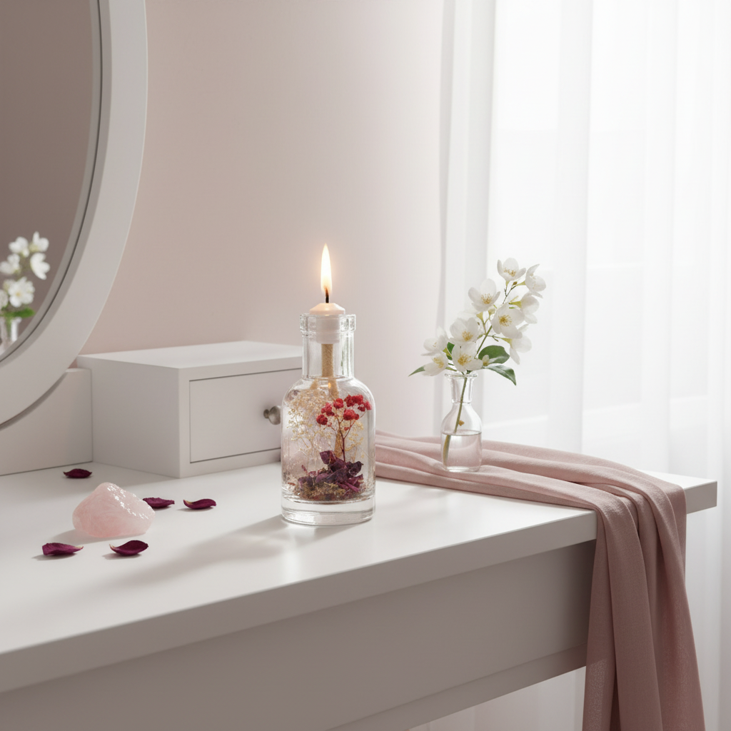 A Libra zodiac oil candle with red and white botanicals in a clear glass vessel burns on a vanity beside rose quartz, soft fabric, and delicate white flowers in natural light. — for Carpe Diem Dream