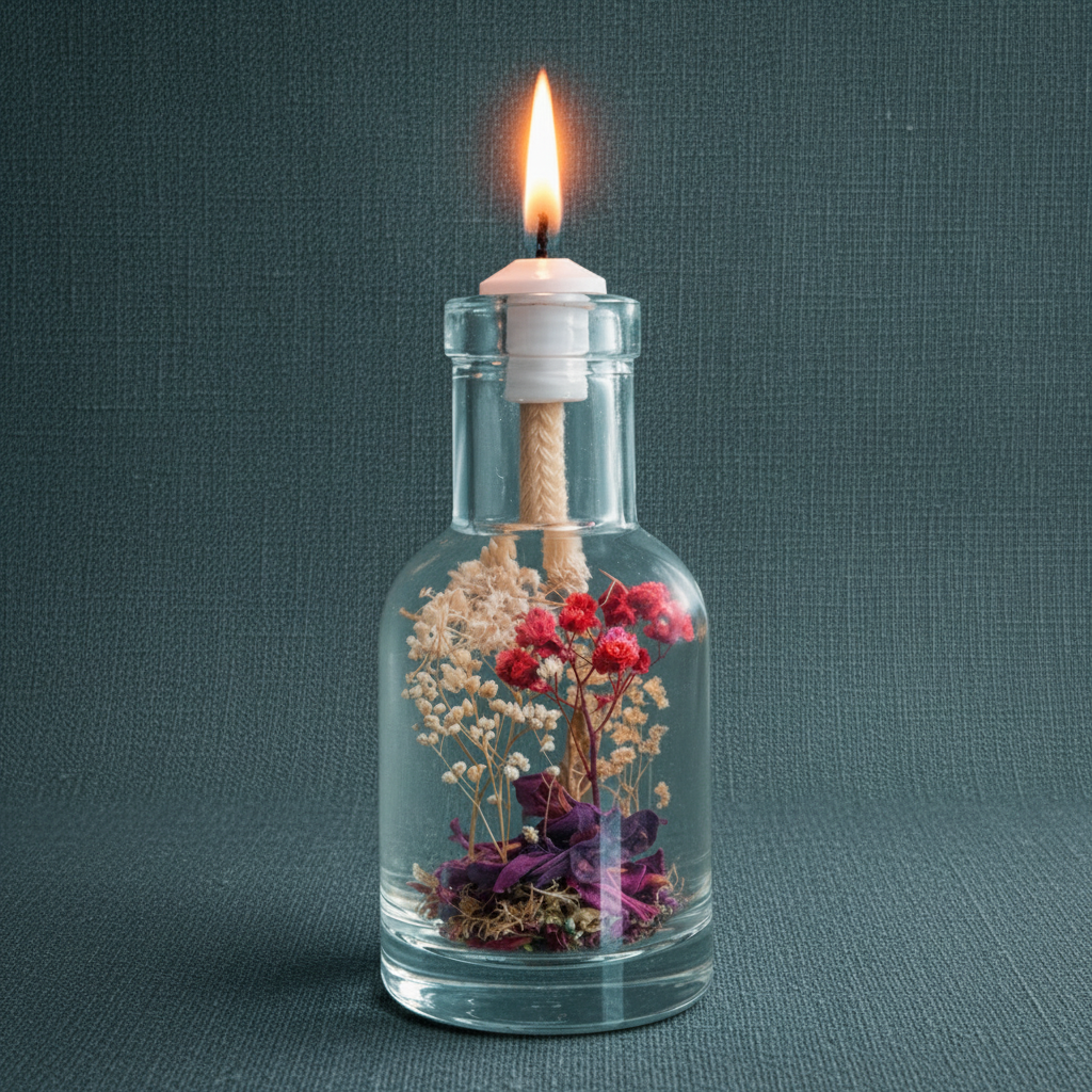 A Libra zodiac oil candle with red and white botanicals in a clear glass vessel burns with a soft flame against a muted teal textured background. — for Carpe Diem Dream