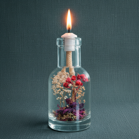 A Libra zodiac oil candle with red and white botanicals in a clear glass vessel burns with a soft flame against a muted teal textured background. — for Carpe Diem Dream