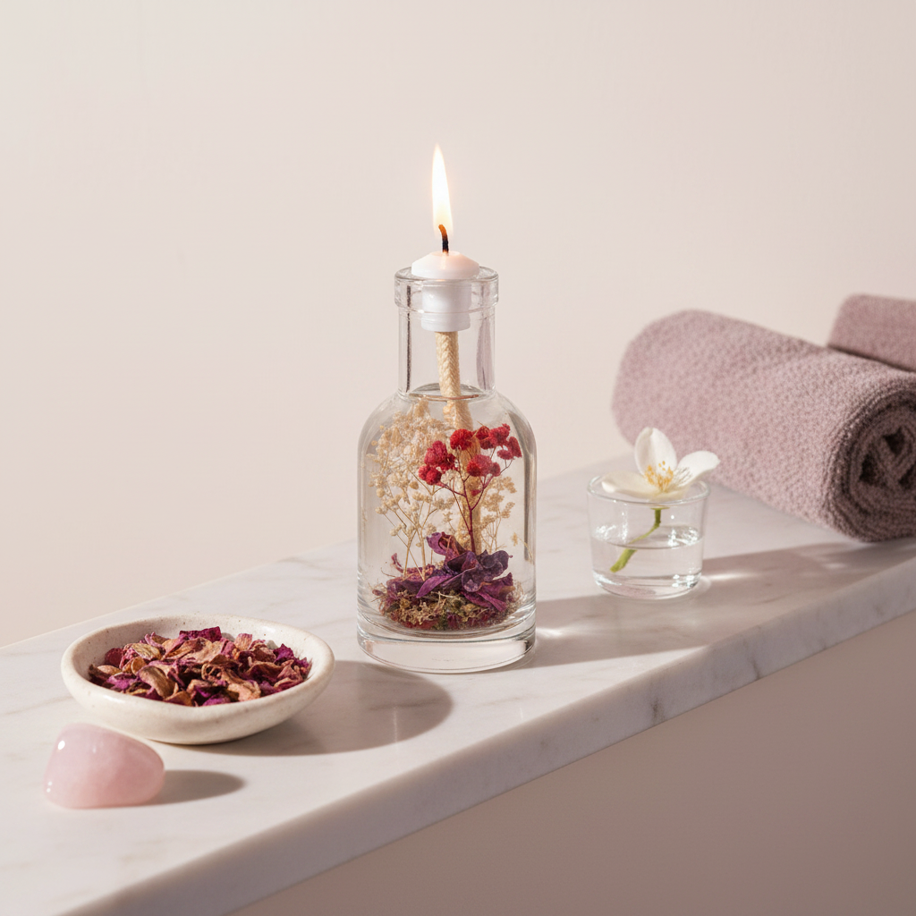 A Libra zodiac oil candle with red and white botanicals in a clear glass vessel is styled on a marble tray with rose petals, a folded towel, a small glass dish, and rose quartz in soft natural light. — for Carpe Diem Dream